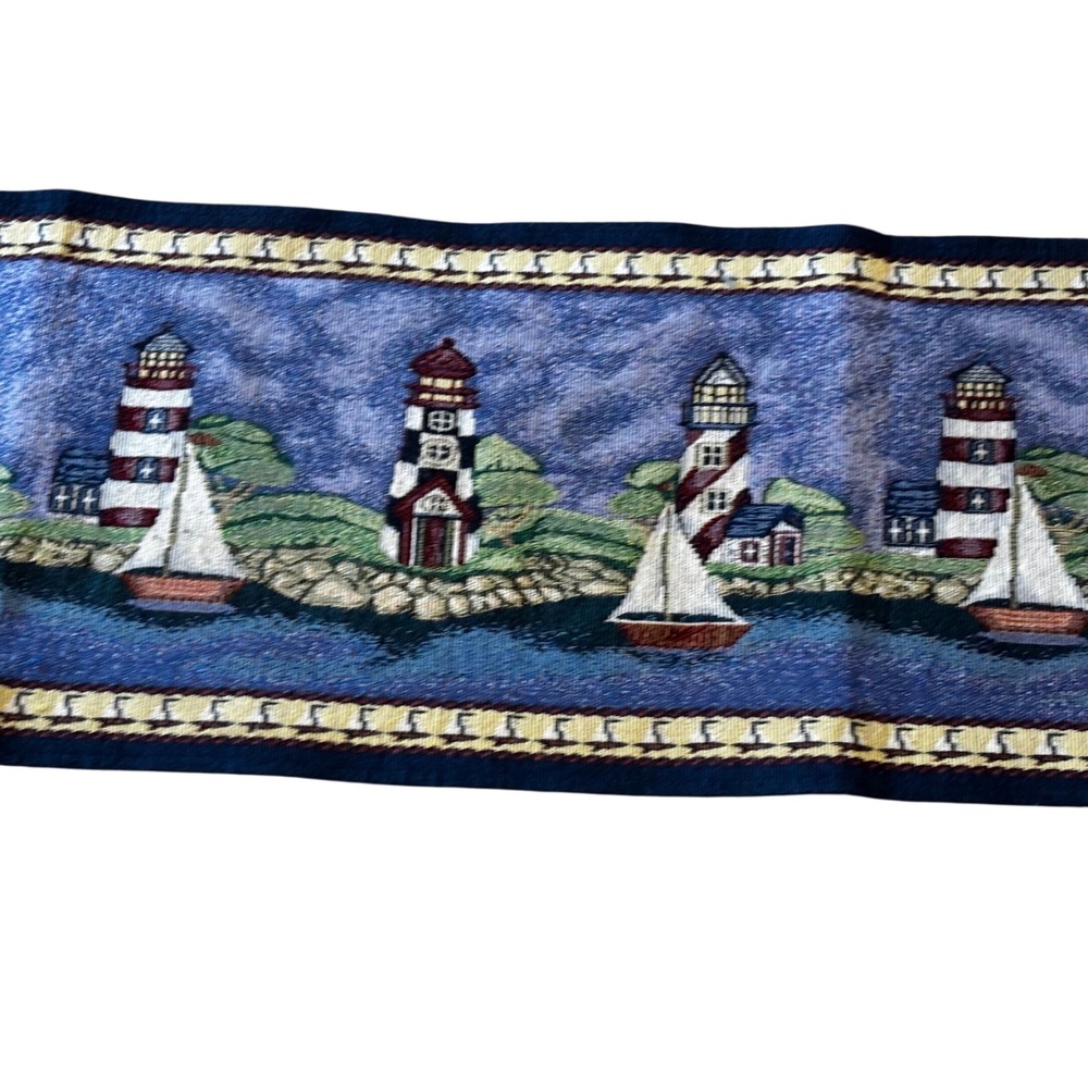 Nautical Lighthouse Woven Tapestry Table Runner Blue Coastal Sailing 13x71 Beach